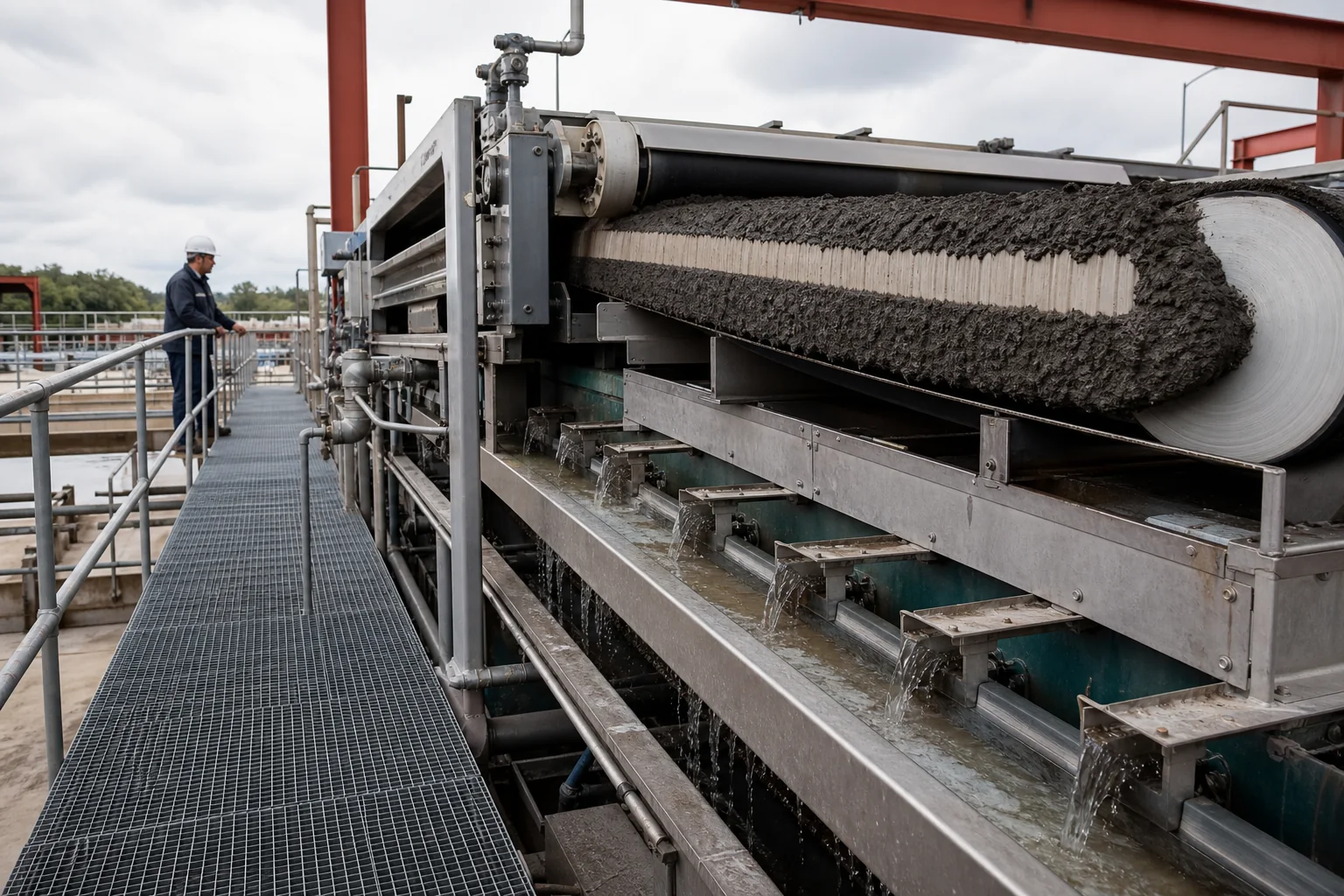 Belt filter press draining conditioned sludge and producing cake