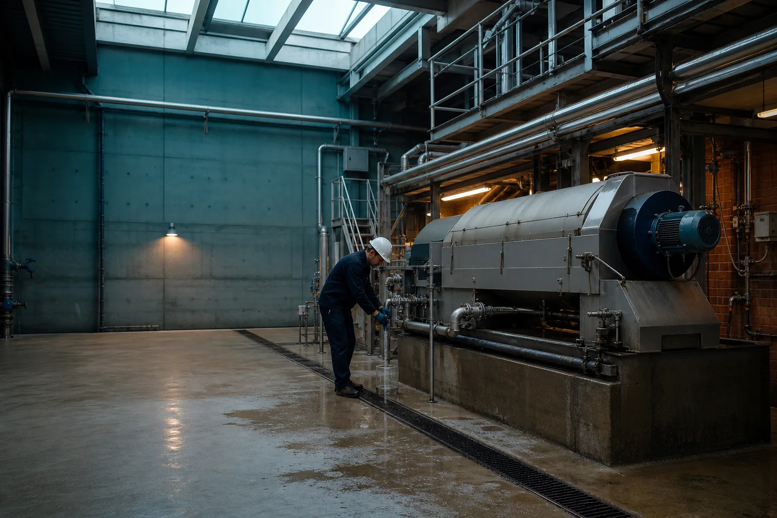 Operator sampling centrate beside an industrial sludge dewatering centrifuge