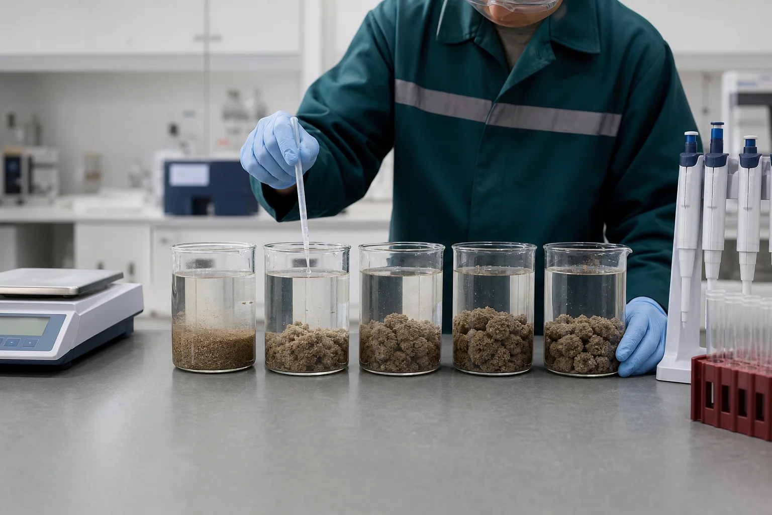 Technician comparing cationic PAM dose and charge-density trials in five sludge beakers