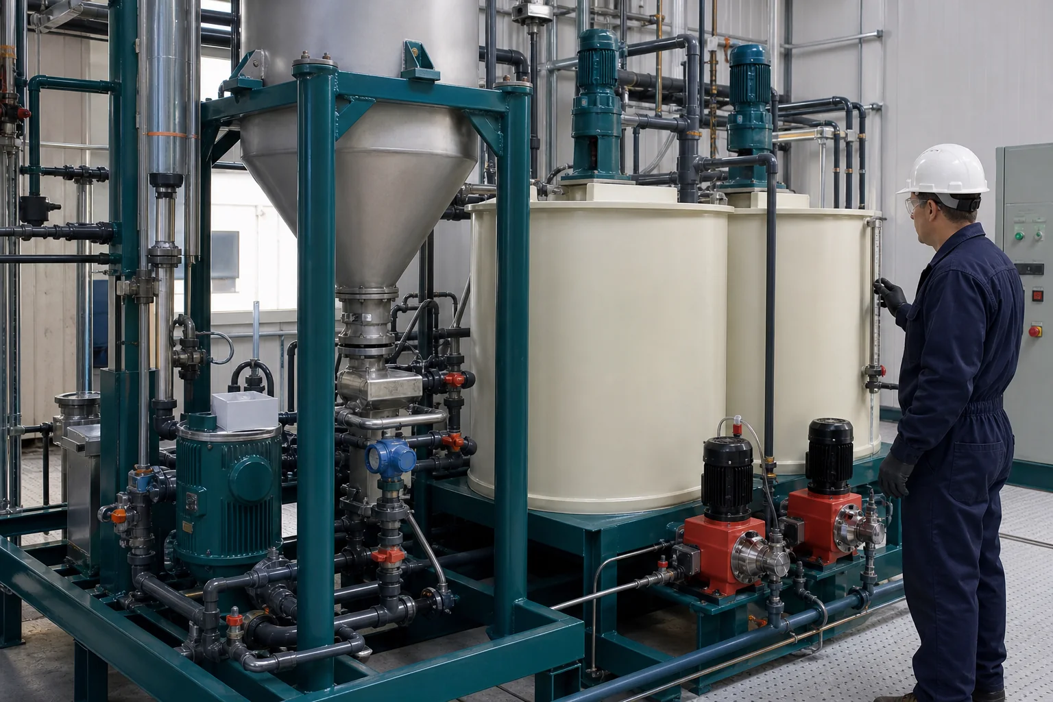 Cationic PAM make-down skid with aging tanks and calibrated dosing pumps