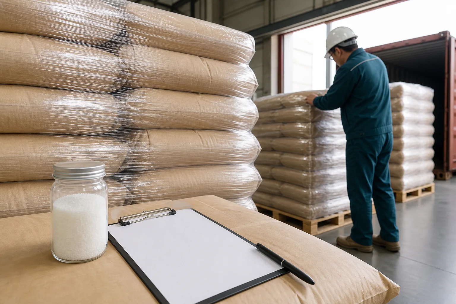 Sealed cationic PAM bags on export pallets with a retained polymer sample