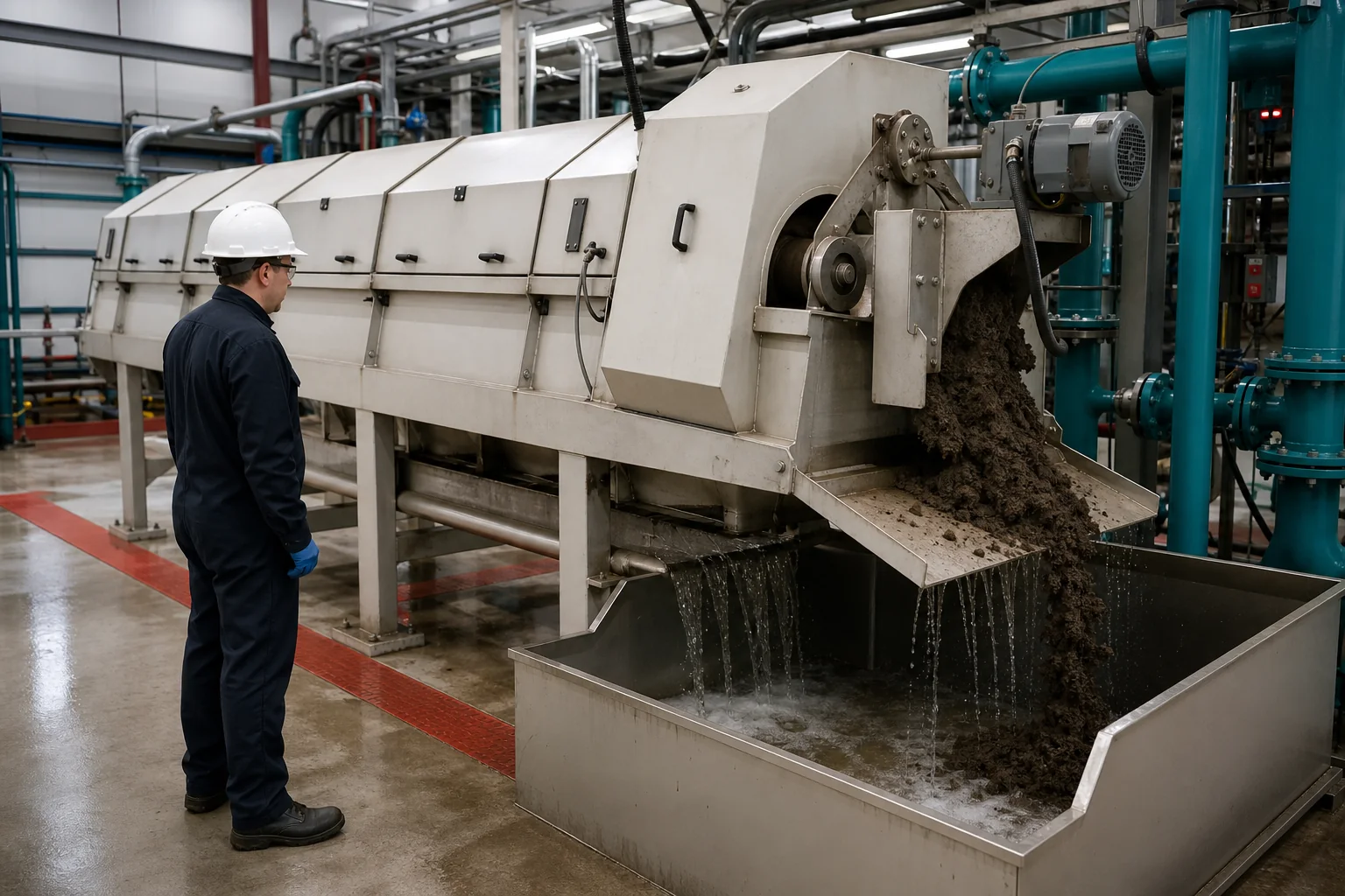 Screw press producing dewatered cake while filtrate drains below the discharge